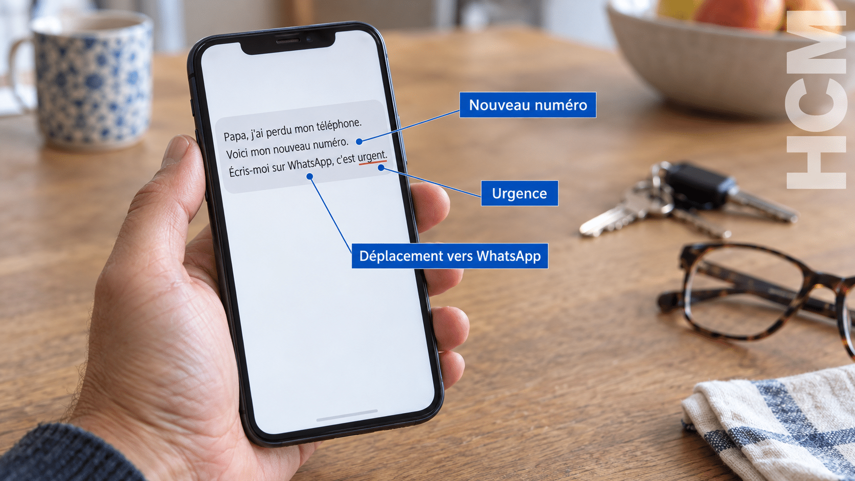 Faux SMS d’un enfant signalant un nouveau numéro, une urgence et un déplacement de la conversation vers WhatsApp.
