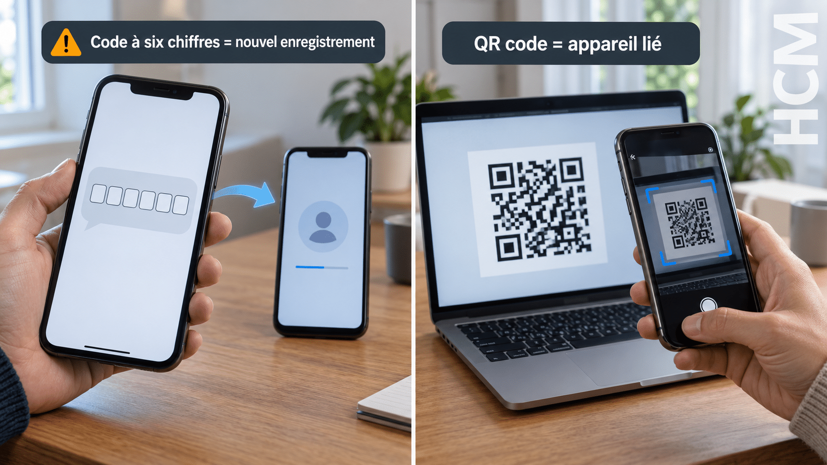 Deux détournements WhatsApp comparés, le vol du code à six chiffres et la liaison d’un appareil par QR code.