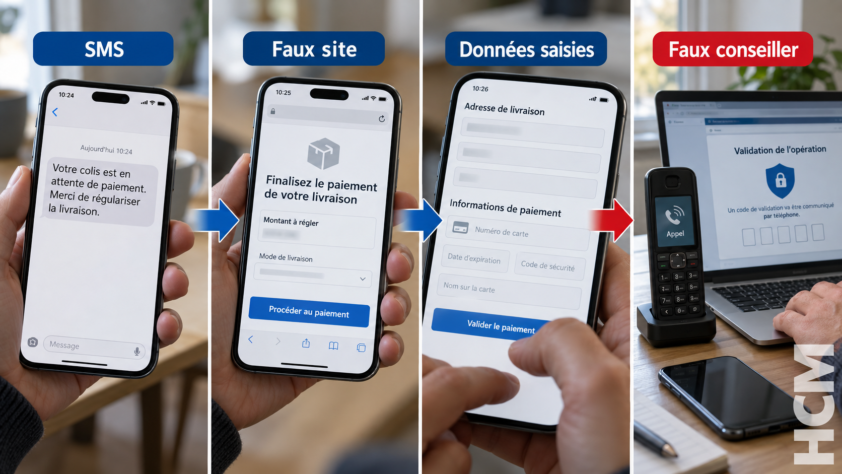 Enchaînement d’une fraude, du SMS au faux site, puis à la saisie des données et à l’appel du faux conseiller.