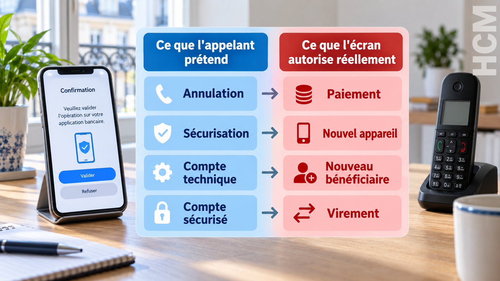 Les promesses du faux conseiller bancaire comparées aux opérations que l’application autorise réellement.