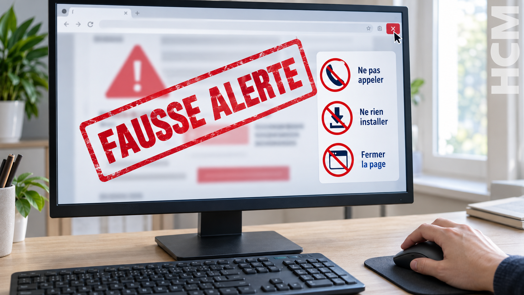 Un écran d’ordinateur affiche une fausse alerte de sécurité, signalée par la mention FAUSSE ALERTE.