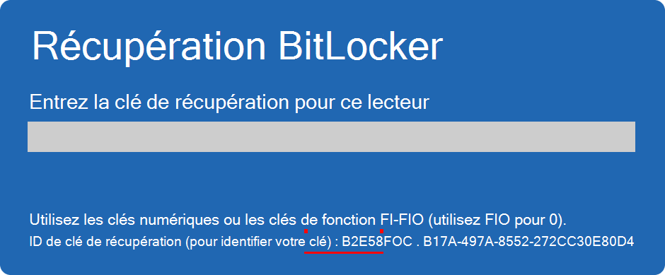 Écran de récupération BitLocker en français, avec un champ de saisie et l'identifiant de clé souligné en rouge.